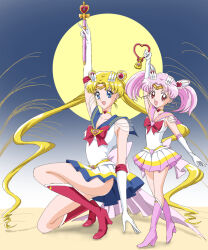 Rule 34 | 2girls, bell, bishoujo senshi sailor moon, blonde hair, blue eyes, blue sailor collar, bow, bowtie, brooch, chibi usa, choker, cone hair bun, crystal carillon, double bun, elbow gloves, full body, full moon, gloves, hair bun, heart, heart brooch, heart choker, heart wand, highres, jewelry, kinfuji, leotard, long hair, moon, multicolored clothes, multicolored skirt, multiple girls, on one knee, parted bangs, pink hair, pink sailor collar, pleated skirt, red bow, red bowtie, red eyes, red footwear, sailor chibi moon, sailor collar, sailor moon, sailor senshi uniform, skirt, sleeveless, standing, super sailor chibi moon, super sailor moon, tsukino usagi, twintails, very long hair, wand, white gloves, white leotard, yellow choker