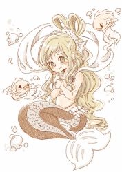 Rule 34 | 1girl, aged down, bikini, blonde hair, blush, child, embarrassed, female focus, fish, full body, looking at viewer, mermaid, monster girl, navel, one piece, shirahoshi, solo, solo focus, swimsuit