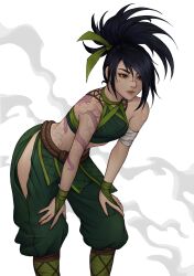 Rule 34 | 1girl, absurdres, akali, artelsia, back tattoo, bare shoulders, black hair, breasts, brown eyes, closed mouth, crop top, green pants, hands on own knees, highres, hip vent, league of legends, leaning forward, lips, ninja, no mask, pants, ponytail, rope belt, scar, scar on face, scar on nose, scratches, shoulder tattoo, small breasts, solo, tattoo