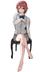 Rule 34 | 1girl, absurdres, alternate costume, amagi (amagi626), barefoot, blue bow, blue bowtie, blue sweater vest, blush, boots, bow, bowtie, buckle, buttons, collared shirt, commentary request, crossed legs, fingernails, full body, highres, horikawa raiko, jacket, knees, lips, long sleeves, looking at viewer, miniskirt, no shoes, pleated skirt, red eyes, red hair, school uniform, shirt, short hair, simple background, sitting, skirt, smile, solo, stick, stool, sweater vest, toenails, touhou, vest, white background, white jacket, white skirt, white sleeves, wing collar, wrist cuffs