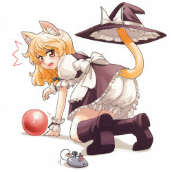 Rule 34 | 1girl, ^^^, all fours, animal ears, ball, blonde hair, bloomers, cat ears, cat girl, cat tail, fang, female focus, hat, unworn hat, unworn headwear, holding, holding with tail, kemonomimi mode, kirisame marisa, looking back, prehensile tail, solo, tail, tdk, touhou, toy mouse, underwear, witch, witch hat, wrist cuffs, yellow eyes