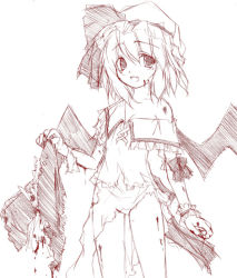 Rule 34 | 1girl, blood, female focus, flat chest, hat, monochrome, red theme, remilia scarlet, sketch, solo, torn clothes, touhou, wings, yumesato makura