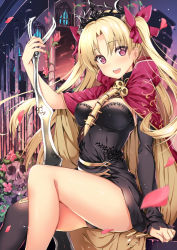 Rule 34 | 1girl, b-ginga, black dress, black thighhighs, blonde hair, blurry, blush, bow, breasts, cape, cleavage, depth of field, dress, earrings, ereshkigal (fate), fate/grand order, fate (series), gold trim, hair ribbon, jewelry, long hair, looking at viewer, medium breasts, open mouth, red cape, red eyes, red ribbon, ribbon, short dress, single thighhigh, sitting, solo, spine, thighhighs, thighs, tohsaka rin, twintails, two side up, wavy hair
