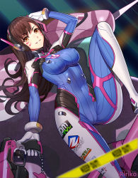 Rule 34 | 1girl, bodysuit, brown eyes, brown hair, caution tape, covered erect nipples, d.va (overwatch), facepaint, facial mark, gloves, gun, headphones, holding, impossible clothes, knee up, long hair, looking at viewer, lying, meka (overwatch), on back, overwatch, overwatch 1, pilot suit, ririko (zhuoyandesailaer), skin tight, solo, weapon, whisker markings, white gloves
