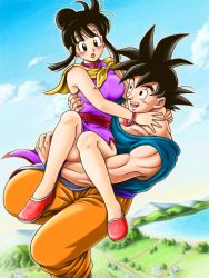 Rule 34 | 1boy, 1girl, :o, bare legs, black eyes, black hair, blue shirt, blush, bracelet, carrying, chi-chi (dragon ball), chinese clothes, cloud, couple, day, dragon ball, dragonball z, earrings, flying, hetero, jewelry, looking at another, masa (p-piyo), open mouth, shirt, short hair, sky, smile, son goku, spiked hair