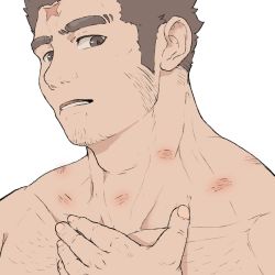 Rule 34 | 1boy, bara, brown hair, chest hair, cross scar, facial hair, goatee, head tilt, hickey, highres, houzouin oniwaka, long sideburns, looking at viewer, male focus, mature male, me-me (mouact2), muscular, muscular male, pectorals, portrait, scar, scar on face, scar on forehead, short hair, sideburns, solo, stubble, upper body