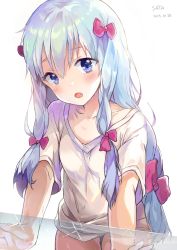Rule 34 | 1girl, :o, absurdres, blue eyes, blush, bow, breasts, collarbone, commentary, eromanga sensei, fang, hair between eyes, hair bow, highres, izumi sagiri, leaning forward, legs, long hair, looking at viewer, open mouth, petite, saya (mychristian2), shirt, short sleeves, sidelocks, small breasts, solo, thighs, white background, white hair, white shirt
