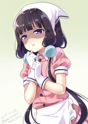 Rule 34 | 1girl, apron, blend s, blunt bangs, commentary request, dated, gloves, gradient background, hair ornament, head scarf, long hair, looking at viewer, low twintails, neki (wakiko), puffy short sleeves, puffy sleeves, purple eyes, sakuranomiya maika, shaded face, short sleeves, solo, twintails, twitter username, very long hair, waist apron, waitress, white gloves