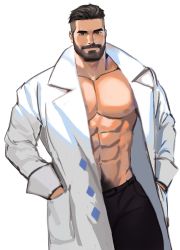 Rule 34 | 1boy, abs, bara, bare pectorals, beard, black hair, black pants, closed mouth, coat, creatures (company), dopey (dopq), facial hair, game freak, hands in pockets, highres, lab coat, looking at viewer, male focus, muscular, muscular male, navel, nintendo, nipples, open clothes, open coat, pants, pectorals, pokemon, pokemon sv, short hair, simple background, smile, solo, turo (pokemon), undercut, white background