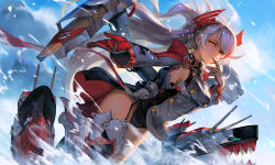 Rule 34 | 1girl, azur lane, beach, black leotard, black thighhighs, blue sky, breasts, closed mouth, cloud, cloudy sky, cross, day, dutch angle, ecens, garter straps, gloves, iron cross, legs together, leotard, long hair, long sleeves, looking at viewer, medium breasts, mole, mole on breast, multicolored hair, ocean, outdoors, outstretched arm, pelvic curtain, prinz eugen (azur lane), red eyes, red gloves, red hair, rigging, sideboob, sidelocks, silver hair, sky, solo, streaked hair, swept bangs, thighhighs, thighs, tsurime, two side up, very long hair