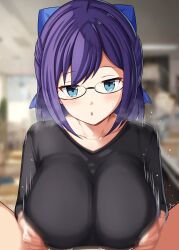 Rule 34 | 1boy, 1girl, a-chan (hololive), absurdres, alternate breast size, black-framed eyewear, black shirt, blue bow, blue eyes, blush, bow, breasts, glasses, hair bow, hetero, highres, hololive, large breasts, long hair, looking at viewer, mero en e, open mouth, paizuri, paizuri under clothes, purple hair, shirt, virtual youtuber