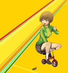 Rule 34 | 1girl, bicycle, brown eyes, brown hair, bug, cockroach, green jacket, highres, houndstooth, insect, jacket, loafers, miniature, persona, persona 4, riding, riding bicycle, satonaka chie, scared, school uniform, shoes, short hair, skirt, socks, solo, track jacket, unsomnus