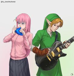 Rule 34 | 1boy, 1girl, a chestnuthead, black skirt, blonde hair, blue eyes, bocchi the rock!, breasts, crossover, cube hair ornament, fingerless gloves, gloves, gotoh hitori, green hat, guitar, hair between eyes, hair ornament, hat, highres, holding, holding instrument, instrument, jacket, link, long hair, long sleeves, nintendo, open mouth, pink hair, pink jacket, pointy ears, short hair, skirt, the legend of zelda