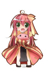 Rule 34 | 1girl, :3, :d, ahoge, animal, animal around neck, bangle, black footwear, black hairband, blush, bow, bracelet, chibi, commentary request, creature, detached sleeves, dress, full body, green eyes, hair between eyes, hair bow, hairband, holding, holding creature, jewelry, looking at viewer, open mouth, pelvic curtain, pink hair, poring, professor (ragnarok online), ragnarok online, red dress, red sleeves, shindo hachigo, shoes, simple background, sleeveless, sleeveless dress, slime (creature), smile, solo, standing, striped sleeves, white background, yellow bow, yellow sleeves