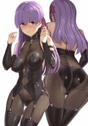 Rule 34 | 1girl, ass, black panties, black thighhighs, blush, bodysuit, breasts, cameltoe, collar, commentary, corset, covered erect nipples, detached sleeves, fate/stay night, fate (series), garter straps, hair between eyes, hair ribbon, hakaba (dairiseki), highres, large breasts, latex, leash, long hair, long sleeves, looking at viewer, matou sakura, multiple views, panties, parted lips, purple eyes, purple hair, red ribbon, ribbon, see-through, simple background, thigh gap, thighhighs, underwear, white background
