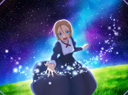 Rule 34 | 1girl, :d, blue dress, blue eyes, brown hair, dress, fizel (sao), game cg, grass, hair between eyes, leaning forward, long sleeves, looking at viewer, neck ribbon, open mouth, outstretched hand, reaching, reaching towards viewer, red ribbon, ribbon, short hair, sky, smile, solo, standing, star (sky), starry sky, sword art online, sword art online: alicization, sword art online: alicization rising steel, sword art online: unleashed blading