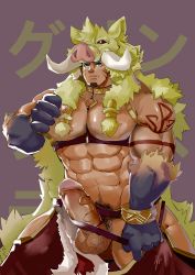 Rule 34 | 1boy, abs, absurdres, alternate pectoral size, animal hood, bad id, bad pixiv id, bara, bare pectorals, boar boy, boar hood, body fur, brown hair, bursting pectorals, chest harness, clothing aside, erection, facial hair, facial mark, fang, feet out of frame, forked eyebrows, gluteal fold, goatee, green eyes, gullinbursti (housamo), harness, highres, hip vent, hood, huge penis, large pectorals, long sideburns, male focus, male pubic hair, mature male, muscular, muscular male, navel, navel hair, nipples, pectorals, pelvic curtain, pelvic curtain aside, penis, pubic hair, pulling own clothes, short hair, sideburns, solo, stomach, thick thighs, thighs, tokyo houkago summoners, tyranttotem, uncensored, undressing, veins, veiny penis
