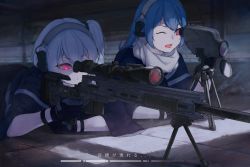 Rule 34 | 2girls, absurdres, black gloves, black jacket, blue hair, bolt action, commentary, fei mao, gloves, gun, hair between eyes, headphones, highres, huge filesize, jacket, long hair, lying, multiple girls, on stomach, one eye closed, red eyes, rifle, scarf, scope, short hair, sniper rifle, translation request, weapon, white hair, white scarf