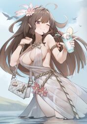 Rule 34 | 1girl, absurdres, ahoge, bag, blush, bracelet, breasts, brown hair, chinese commentary, closed mouth, commentary request, cowboy shot, criss-cross halter, cup, dress, flower, hair flower, hair ornament, halterneck, hand up, highres, holding, holding bag, holding cup, jewelry, long hair, looking to the side, medium breasts, muzhucunmuzhucun, one eye closed, original, purple eyes, see-through, see-through dress, sidelocks, sky, smile, solo, standing, wading, white dress