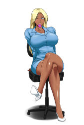 Rule 34 | 1girl, blonde hair, breasts, condom, condom in mouth, copyright request, crossed legs, dark-skinned female, dark skin, female focus, ganguro, highres, image sample, large breasts, ml, mouth hold, pixiv sample, simple background, sitting, smile, solo, white background