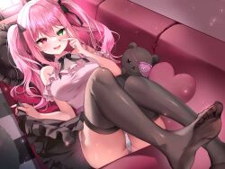 Rule 34 | 1girl, blush, checkered floor, clothes lift, couch, feet, feet up, highres, long hair, looking at viewer, lying, mayo (miyusa), on back, open mouth, original, panties, pink hair, skirt, skirt lift, thighhighs, twintails, underwear