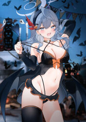 Rule 34 | 1girl, ako (blue archive), alternate costume, arm behind head, arm up, armpits, bare shoulders, bikini, black bikini, black choker, black skirt, black thighhighs, blue archive, blue eyes, blue hair, blurry, breasts, cameltoe, choker, cleavage, collarbone, contrapposto, cowboy shot, criss-cross halter, demon girl, demon tail, demon wings, depth of field, detached sleeves, fake horns, fang, front-tie bikini top, front-tie top, hair ornament, hairband, halloween, halo, halterneck, highleg, highleg bikini, highres, horns, lace, lace-trimmed bikini, lace trim, large breasts, long hair, long sleeves, looking at viewer, low wings, microskirt, multi-strapped bikini top, nail polish, navel, open mouth, pulled by self, see-through, single thighhigh, skindentation, skirt, solo, standing, stomach, strap pull, string bikini, swimsuit, tail, thighhighs, thighs, wings, yukineko1018