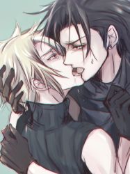 Rule 34 | 2boys, black gloves, black hair, blonde hair, blue eyes, cloud strife, crying, earrings, face-to-face, final fantasy, final fantasy vii, final fantasy vii remake, french kiss, gloves, hand on another&#039;s back, hand on another&#039;s chest, hand on another&#039;s head, highres, jewelry, kiss, looking at another, male focus, multiple boys, narrowed eyes, open mouth, ponco pacoooon, profile, saliva, short hair, square enix, teardrop, tears, tongue, tongue out, turtleneck, yaoi, zack fair