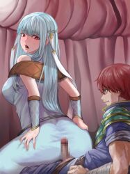 Rule 34 | 1boy, 1girl, ass, ass in dress, bare arms, blue hair, breasts, censored, dancer, dancing, deep skin, dress, drooling, fire emblem, fire emblem: the blazing blade, frown, huge ass, indoors, lap dance, long hair, looking at viewer, looking back, medium breasts, ninian (fire emblem), nintendo, open mouth, penis, pocari66, presenting, raven (fire emblem), red eyes, saliva, saliva trail, short hair, smile, sweat, teasing, tent, thighs, tongue, tongue out, very long hair