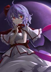Rule 34 | 1girl, akisome hatsuka, ascot, bat wings, capelet, closed mouth, full moon, hair ribbon, looking at viewer, moon, no headwear, outdoors, pointy ears, purple hair, purple moon, red ascot, red eyes, red nails, red ribbon, red scarf, remilia scarlet, ribbon, scarf, shirt, short hair, skirt, smile, solo, standing, touhou, white capelet, white shirt, white skirt, wings, wrist cuffs
