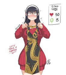 Rule 34 | 1girl, black hair, blush, breasts, closed mouth, collarbone, constricted pupils, dragon print, dress, hairband, holding, holding clothes, holding dress, jk arts, long hair, meme, off shoulder, red eyes, red sweater, ribbed sweater, sidelocks, signature, solo, spy x family, sweat, sweater, twitter strip game (meme), twitter username, unworn dress, watermark, white hairband, yor briar