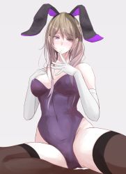 Rule 34 | 1girl, akiyama cz4a, animal ears, bare shoulders, blonde hair, rabbit ears, elbow gloves, covered erect nipples, finger to mouth, gloves, hand on own chest, highres, long hair, looking at viewer, mole, mole under eye, playboy bunny, purple eyes, sitting, smile, solo, thighhighs, touhou, white gloves, yakumo yukari