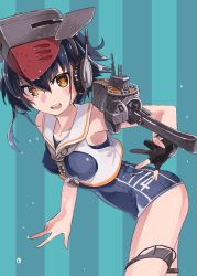 Rule 34 | 1girl, black hair, breasts, brown eyes, collarbone, commentary request, framed breasts, gloves, hair between eyes, hat, headphones, highres, i-14 (kancolle), kantai collection, looking at viewer, medium breasts, neckerchief, open mouth, partially fingerless gloves, rigging, sailor collar, school swimsuit, short hair, single glove, sleeveless, solo, striped, striped background, sugue tettou, swimsuit, vertical stripes