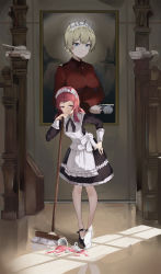 Rule 34 | 1girl, absurdres, alternate costume, apron, bad id, bad pixiv id, blonde hair, blue eyes, braid, broken cup, crown, cup, darjeeling (girls und panzer), enmaided, french braid, girls und panzer, highres, jacket, jsscj, looking at viewer, maid, maid apron, maid headdress, mary janes, medium hair, mop, nail polish, painting (object), red hair, red jacket, red nails, rosehip (girls und panzer), shoes, smile, solo, spill, st. gloriana&#039;s military uniform, tea, teacup, thighs, tiara, yellow eyes