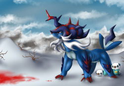Rule 34 | alabaster icelands, awesomegoats, blood, blood on ground, blue eyes, closed mouth, commentary, creatures (company), english commentary, fang, fang out, from side, game freak, gen 5 pokemon, hisuian samurott, horns, md5 mismatch, nintendo, no humans, oshawott, outdoors, pokemon, pokemon (creature), red eyes, resolution mismatch, self-upload, signature, snow, source larger, standing