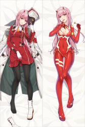 Rule 34 | 10s, 1girl, bakugadou, bed sheet, black pantyhose, bodysuit, boots, breasts, cameltoe, candy, cleft of venus, coat, covered navel, dakimakura (medium), darling in the franxx, dress, food, full body, gloves, green eyes, hairband, hand up, hat, holding, holding clothes, holding hat, lollipop, long hair, long sleeves, looking at viewer, lying, medium breasts, multiple views, on back, pantyhose, peaked cap, pink hair, red bodysuit, red dress, sidelocks, single boot, smile, thigh gap, tongue, tongue out, torn bodysuit, torn clothes, unworn boot, unworn boots, unworn coat, unworn hat, unworn headwear, white footwear, white gloves, zero two (darling in the franxx)