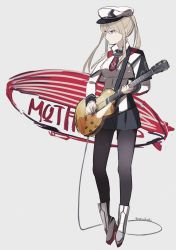 Rule 34 | 1girl, aircraft, black pantyhose, black skirt, blonde hair, breasts, capelet, commentary, cross, dirigible, electric guitar, english commentary, full body, gibson les paul, graf zeppelin (kancolle), grey eyes, guitar, hair between eyes, hat, instrument, iron cross, jacket, kantai collection, large breasts, military hat, miniskirt, name connection, necktie, object namesake, one-hour drawing challenge, pantyhose, peaked cap, rudder footwear, sidelocks, skirt, solo, standing, twintails, white background, yamashichi (mtseven)