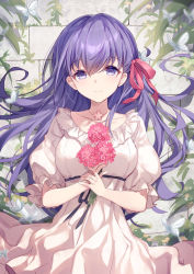 Rule 34 | 1girl, animal, bison cangshu, breasts, brick wall, bug, butterfly, closed mouth, collarbone, commentary request, dress, fate/stay night, fate (series), flower, hair between eyes, hair ribbon, highres, holding, holding flower, insect, long hair, looking at viewer, matou sakura, medium breasts, official alternate costume, pink flower, puffy short sleeves, puffy sleeves, purple eyes, purple hair, red ribbon, ribbon, short sleeves, smile, solo, very long hair, white dress