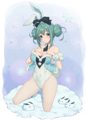 Rule 34 | 1girl, ahoge, animal ears, baeg mi, bicute bunnies miku, black bow, black necktie, blue background, blue eyes, blue hair, blush, bow, breasts, cleavage, closed mouth, covered navel, detached sleeves, double bun, fishnet pantyhose, fishnets, full body, fur collar, hair bun, hand on own chest, hatsune miku, highres, kneeling, leotard, looking at viewer, medium breasts, necktie, pantyhose, rabbit, rabbit ears, short hair, sidelocks, smile, snow rabbit, snowflakes, solo, strapless, strapless leotard, vocaloid, white leotard, white pantyhose, wrist cuffs