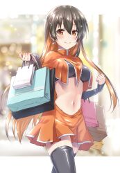 Rule 34 | 1girl, absurdres, bag, black hair, black thighhighs, blurry, blurry background, breasts, capelet, closed mouth, commission, cowboy shot, earrings, highres, holding, holding bag, jewelry, kuroi mimei, long hair, medium breasts, midriff, monero, monero-chan, multicolored hair, navel, orange capelet, orange eyes, orange hair, orange skirt, second-party source, skirt, smile, solo, thighhighs, two-tone hair, very long hair