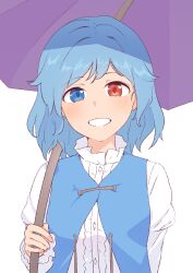 Rule 34 | 1girl, blue eyes, blue hair, blue vest, blush, center frills, commentary, double-parted bangs, frills, grin, heterochromia, highres, holding, holding umbrella, juliet sleeves, kanpa (campagne 9), long sleeves, looking at viewer, medium hair, puffy sleeves, purple umbrella, red eyes, shirt, simple background, smile, solo, straight-on, tatara kogasa, touhou, umbrella, upper body, vest, wavy hair, white background, white shirt