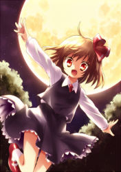 Rule 34 | 1girl, akimegu m, blonde hair, bow, embodiment of scarlet devil, fang, female focus, full moon, gohitsuki, hair bow, hair ribbon, moon, necktie, open mouth, outstretched arms, red eyes, ribbon, rumia, short hair, solo, spread arms, touhou