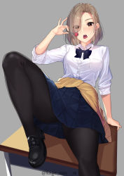 Rule 34 | 1girl, black pantyhose, blue skirt, bow, breast pocket, breasts, brown eyes, brown hair, buttons, candy, clothes around waist, collared shirt, desk, eyes visible through hair, food, hair over one eye, high-waist skirt, highres, holding, holding candy, holding food, holding lollipop, kagematsuri, leg lift, leg up, lollipop, long sleeves, looking at viewer, medium breasts, necktie, on desk, open mouth, original, pantyhose, parted bangs, pinky out, pleated skirt, pocket, school uniform, shirt, shirt tucked in, shoes, short hair, sideburns, simple background, sitting, on desk, skirt, skirt over leggings, sleeves rolled up, solo, tongue, tongue out, white shirt, wing collar