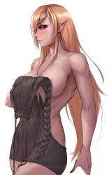 Rule 34 | 1girl, absurdres, backless dress, backless outfit, bare back, bare shoulders, blonde hair, breasts, dark-skinned female, dark elf, dark skin, drawstring, dress, elf, grey sweater, hair down, highres, hololive, long hair, meme attire, multicolored hair, myth1carts, naked sweater, pointy ears, ribbed sweater, shiranui flare, sideboob, solo, streaked hair, sweater, sweater dress, thighs, turtleneck, virgin killer sweater, virtual youtuber