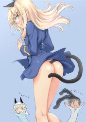 Rule 34 | 3girls, animal ears, aohashi ame, ass, black legwear, blonde hair, blue background, blush, bottomless, breasts, cat ears, cat tail, eila ilmatar juutilainen, fang, feet out of frame, francesca lucchini, glasses, green hair, highres, long hair, looking at viewer, looking back, multiple girls, no panties, object on head, open mouth, panties, panties on head, unworn panties, pantyhose, pantyhose on head, perrine h. clostermann, shiny skin, simple background, small breasts, standing, strike witches, tail, twintails, underwear, white hair, white panties, world witches series, yellow eyes