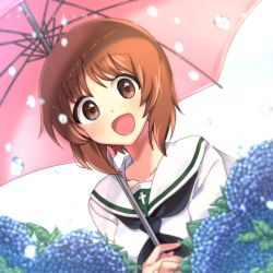 Rule 34 | 10s, 1girl, :d, black neckerchief, blouse, blurry, blurry foreground, brown eyes, brown hair, commentary, depth of field, dutch angle, flower, flower request, girls und panzer, holding, holding umbrella, hydrangea, kari okome, long sleeves, looking at viewer, neckerchief, nishizumi miho, ooarai school uniform, open mouth, pink umbrella, rain, school uniform, serafuku, shirt, short hair, smile, solo, standing, twitter username, umbrella, upper body, white background, white shirt