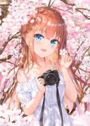 Rule 34 | 1girl, absurdres, blue eyes, blush, brown hair, camera, cherry blossoms, collarbone, commentary request, dress, highres, holding, holding camera, long hair, looking at viewer, na kyo, open mouth, original, solo, upper body, white dress