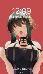 Rule 34 | 1girl, against glass, bare shoulders, black dress, black hair, breast press, breasts, breasts on glass, choker, dress, earrings, flower, hair flower, hair ornament, hairband, highres, jewelry, leone (kamina0205), looking at viewer, open mouth, fake phone screenshot, red background, red eyes, sidelocks, simple background, solo, spy x family, strap slip, upper body, yor briar