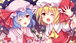 Rule 34 | 2girls, ;d, arm up, ascot, bat wings, black wings, blonde hair, blue hair, blush, bow, brooch, commentary request, confetti, fang, flandre scarlet, frilled shirt collar, frilled sleeves, frills, gem, glint, hat, hat ribbon, holding, holding microphone, jewelry, looking at viewer, medium hair, microphone, mob cap, multiple girls, one eye closed, open mouth, puffy short sleeves, puffy sleeves, purple background, red ascot, red bow, red eyes, red gemstone, red ribbon, red skirt, red vest, remilia scarlet, ribbon, sanotsuki, short sleeves, siblings, sisters, skirt, smile, star (symbol), touhou, upper body, vest, waving, white headwear, wings, wrist cuffs