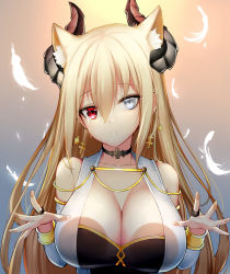 Rule 34 | 1girl, against glass, animal ears, bare shoulders, blonde hair, breast press, breasts, breasts on glass, brown background, cat ears, chixiao, cleavage, commentary request, crying, crying with eyes open, curled horns, detached sleeves, earrings, feathers, gradient background, grey background, grey eyes, hair between eyes, head tilt, heterochromia, highres, horns, jewelry, large breasts, long sleeves, looking at viewer, original, parted lips, red eyes, solo, tears, white feathers