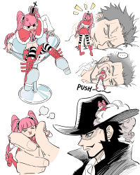 Rule 34 | ..., 1boy, 1girl, anger vein, angry, artist request, black hair, boots, breasts, cup, dracule mihawk, drinking glass, eyes visible through hair, facial hair, hat, highres, long hair, looking at another, lying, mini person, minigirl, mustache, navel, one piece, open mouth, perona, pink hair, red skirt, sequential, short hair, skirt, thighhighs, twintails, very long hair, wine glass